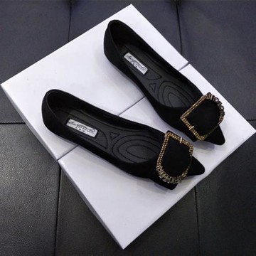 尖頭平底鞋女淺口單鞋秋新款百搭水鉆扣淑女鞋韓版平跟瓢鞋豆豆鞋