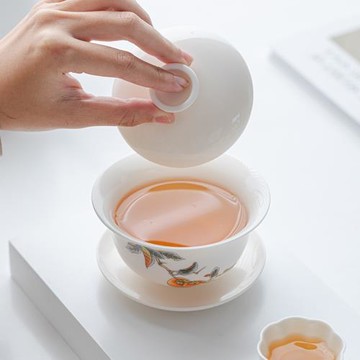 中式陶瓷三才蓋碗茶杯大號柿柿如意茶具泡茶單個高檔柿子茶碗套裝