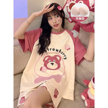 2023年新款帶胸墊睡衣女士夏季天純棉薄款短袖可愛學生家居服套裝