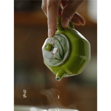 無落瓷器蘋果綠色釉下彩純手繪蘭花八方茶壺過濾球孔功夫茶泡茶壺