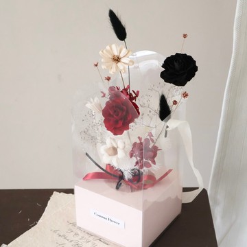 個性黑紅永生玫瑰小瓶花 手綁花 情人節禮物 居家擺設 附提盒