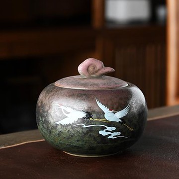 瑞鶴呈祥窯變煥彩茶葉罐復古大號陶瓷密封罐存茶罐 普洱儲茶罐