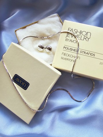 1983年AVON銀色調拋光線項鍊/銀球針式耳環/美國西洋古董飾品