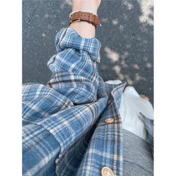 法式藍色格子磨毛長袖襯衫女春秋寬松oversize原宿風休閑百搭襯衣