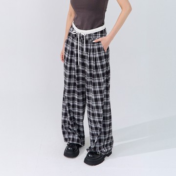 QUEENSHOP_S 女裝 休閒抽繩剪接腰頭格紋長褲 S/M 現+預 【04102035】