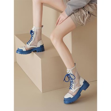 夏季網紗馬丁靴女真皮厚底英倫風鏤空透氣短靴網面眼系帶薄款涼靴