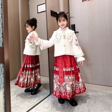 馬面裙套裝女童秋冬2023新款兒童加絨連衣裙冬季拜年服中國風裙子