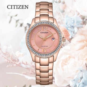 CITIZEN 星辰 LADYS 光動能 60顆水晶鑽 淑女腕錶-29.5mm 玫瑰金 FE1252-82X