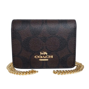 COACH深咖啡C Logo黑邊真皮斜背鍊帶卡夾零錢包