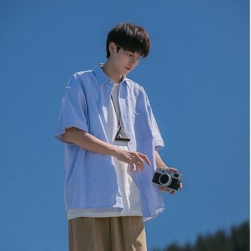 韓版風格條紋短袖襯衫男2024年新款夏季日系潮牌寬鬆休閒男生工裝襯衣外套