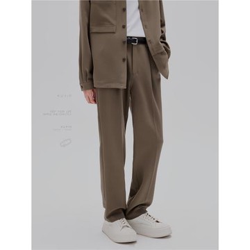 KUYIOU/及簡微細節 活頁腳口單褶抗皺松緊腰直筒休閑西裝長褲男