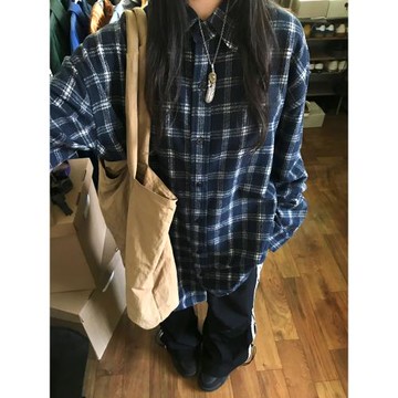 美式復古格子襯衫男女早春小眾設計港風chic情侶毛呢外套長袖襯衣