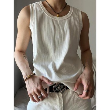 白色重磅螺紋背心男款夏季修身顯肌肉無袖t恤美式健身運動打底衫