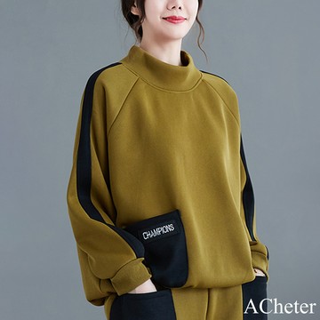 【ACheter】休閒運動時尚拼色撞色立領套頭長袖上衣或鬆緊高腰休閒長褲單件任選# 120288 (現貨+預購)