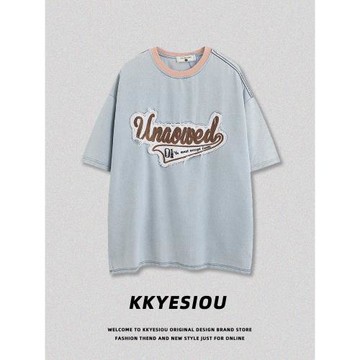 KKyesiou做舊貼布刺繡情侶短袖T恤男女美式學院風vintage情侶上衣