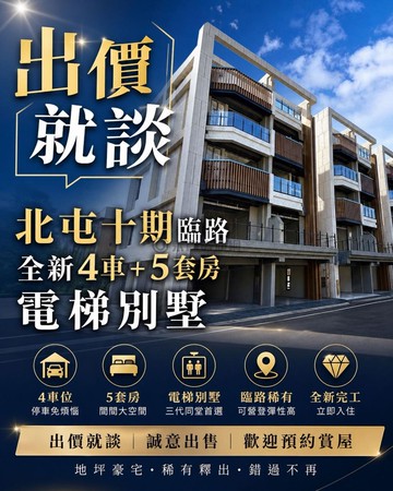 出價就談｜北屯十期臨路全新4車＋5套房電梯別墅｜台中市北屯區正道街