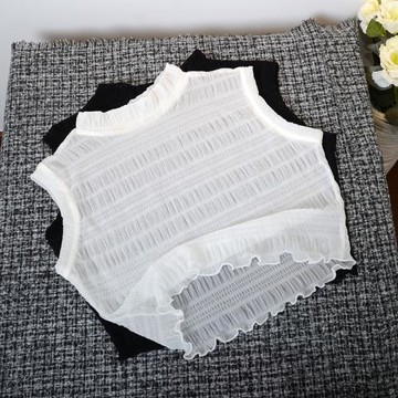 套頭立領小圓領百搭打底衫上衣無袖鏤空純色褶皺網紗小衫露臍背心