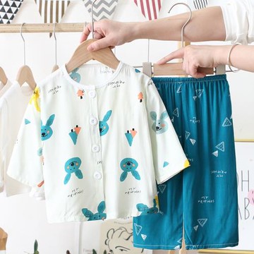 夏季棉綢兒童小孩睡衣套裝男孩女童綿綢長袖開衫薄空調家居服寶寶