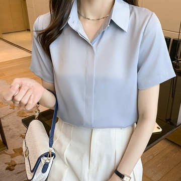 【小歡喜Little Joy】夏季新款真絲韓版百搭通勤基礎款襯衫女 白色短袖純色緞面襯衫