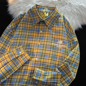 美式復古撞色格紋襯衫女2025秋季新款寬松休閑情侶裝長袖襯衣外套