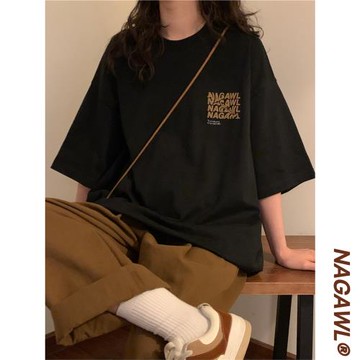 NAGA自制2025夏季新款寬松美式復古簡約純棉短袖t恤女設計感小眾