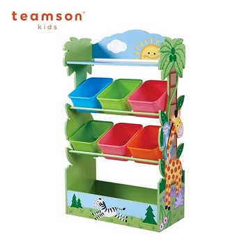 從小培養學收納【Teamson】叢林冒險玩具四層收納架 TD-12799A (附6個收納盒) 收納架 玩具 童書 物品收納 居家裝飾 童趣圖案 色彩繽紛 從小開始培養