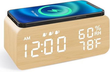 JALL【美國代購】  木製數位鬧鐘,附無線充電,3 個鬧鈴 LED 顯示,聲音控制和貪睡雙 適用於臥室、床頭、辦公室-黃