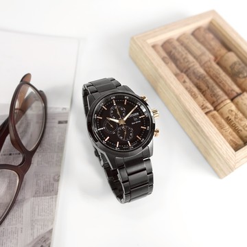 CITIZEN 星辰表 / CA0746-85E / 光動能 三眼計時 日期 日本機芯 防水100米 不鏽鋼手錶 鍍黑 43mm