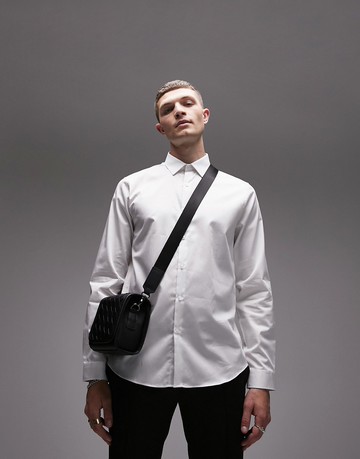 Topman long sleeve slim sateen shirt in white