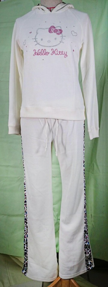 【震撼精品百貨】Hello Kitty 凱蒂貓 衣褲組 豹紋帽T 白 震撼日式精品百貨
