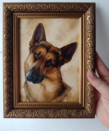 德國牧羊犬油畫 狗狗肖像 寵物 原創作品 13×18 厘米