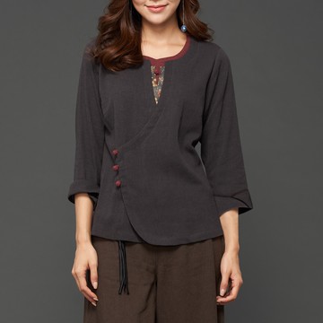 古典美 皺皺布翻袖上衣【97043】茶禪服/中國風/國服/漢服/手染服/棉麻/亞麻/天然纖維