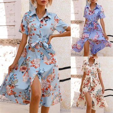 外貿女裝亞馬遜爆款跨境歐貨2024夏季收腰單排扣印花短袖連衣裙