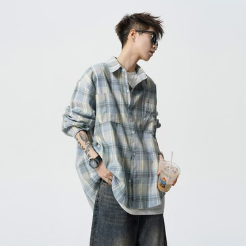 潮流青少年紮染復古格子長袖襯衫男士2025春秋季新款寬松襯衣外套