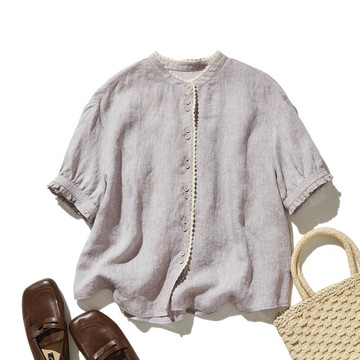 打造精緻穿搭｜100%亞麻圓領襯衫｜亞麻罩衫｜短袖襯衫｜紫灰色 250509-2