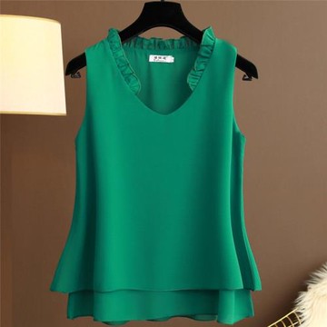 2024新款夏季大碼女裝V領荷葉雪紡衫寬松百搭打底上衣無袖背心女