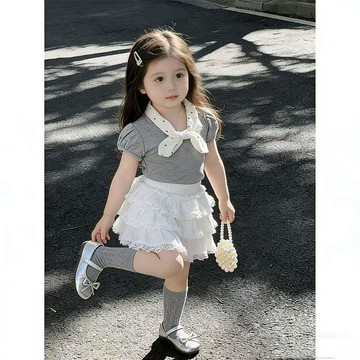 mori🎀mori女童波點領結套裝夏寶寶T恤蕾絲蛋糕裙韓系公主風兩件套