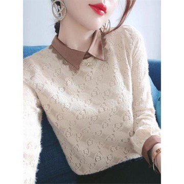 加絨蕾絲打底衫女長袖秋冬裝寬松設計感小眾加厚保暖洋氣小衫上衣