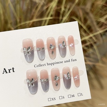 ➕最新設計款穿戴甲💅純手工穿戴甲高級感淡紫色貓眼美甲片輕奢顯白拚鑽假指甲貼片成品中橢圓穿戴甲 WJO3