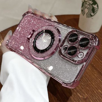 高顏值細閃磁吸支架適用16蘋果15promax手機殼iPhone14Pro電鍍氣囊四角防摔13鏡頭膜12漸變閃粉11高級保護套