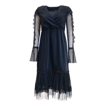 TOORDER長袖拼透紗喇叭袖交叉領洋裝