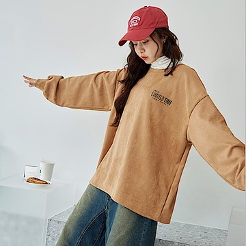 OB大尺碼-麂皮絨字母印花寬版大學T