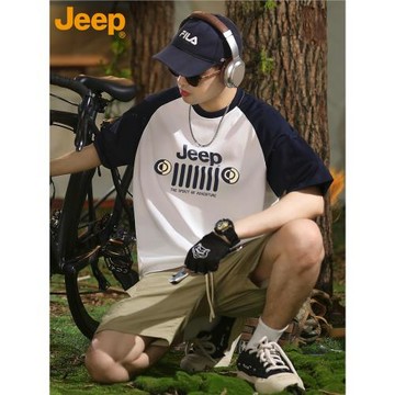 JEEP吉普拼接短袖T恤男士痞帥炸街情侶體恤夏季潮牌圓領純棉上衣