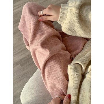 粉色窄版闊腿褲女春秋冬2025新款小個子休閑運動軟糯針織拖地褲子