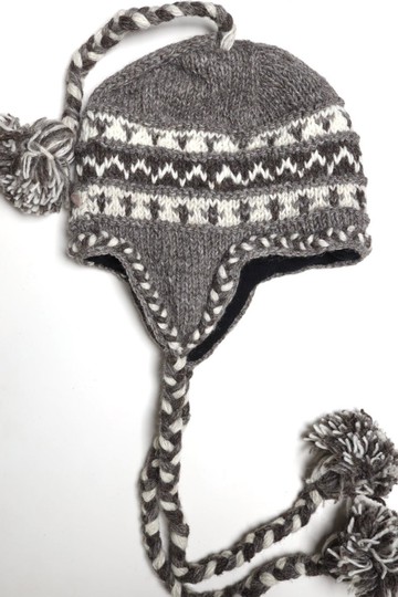 長辮灰色配色純羊毛線手工編織全襯防風毛帽子護耳帽|保暖交換禮