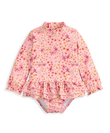 小花卉-長袖包屁連身泳裝12-18m