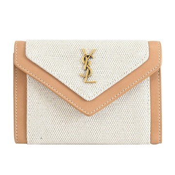 YSL 738070 經典LOGO帆布皮飾邊卡片零錢包.米咖