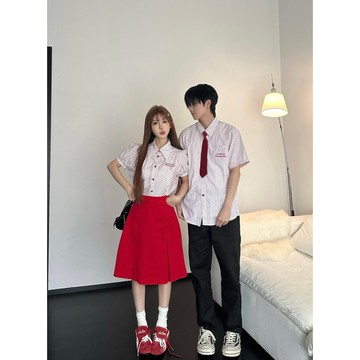 實拍 S-5XL  條紋襯衫女+半身裙 JK制服 表演服 畢業照襯衫男 情侶套裝夏天 紅色半裙 夏天套裝 短袖男 上衣男