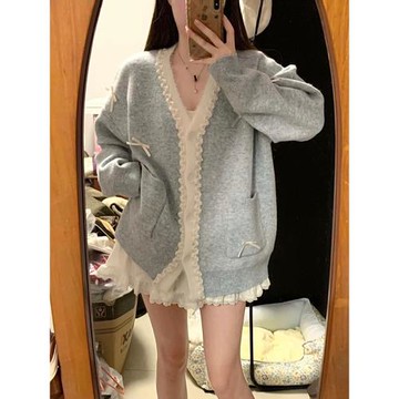 YLJZZ~溫柔風V領蝴蝶結針織開衫女秋冬季寬松慵懶風軟糯毛衣外套