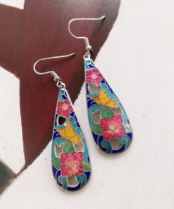 Vintage Jewelry 西洋古董飾品 景泰藍 彩花蝶藍底 耳勾 針式耳環